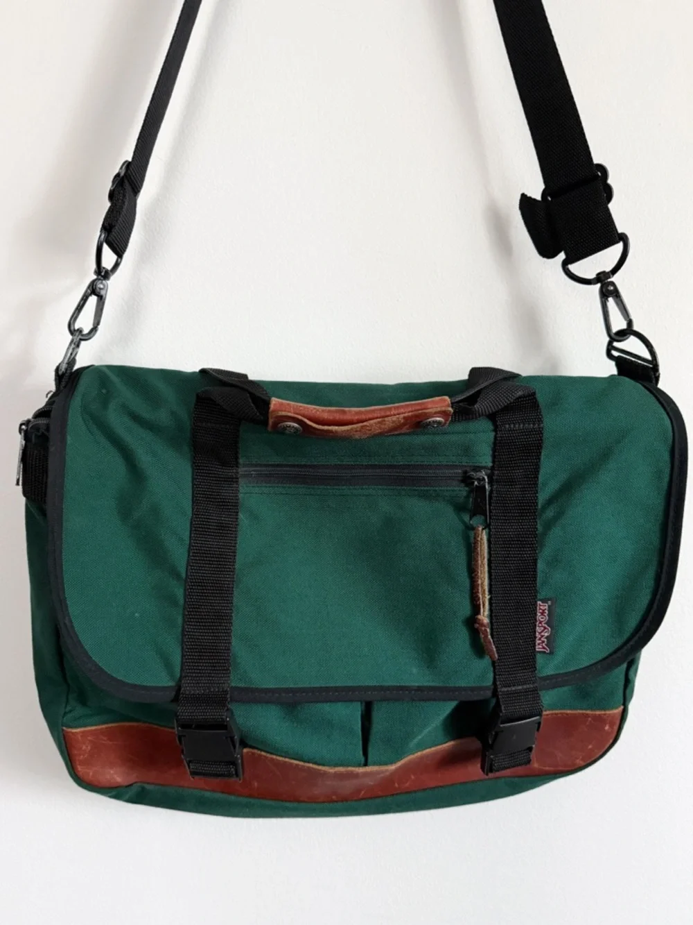 Vintage 90’s JanSport Laptop Messenger Bag, green nylon body with brown leather